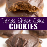 Collage with a chocolate Texas sheet cake cookie with a bite taken out on top, a whole cookie on a gold marble background on bottom, and the words "Texas sheet cake cookies" in the center.