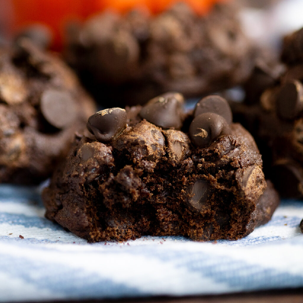 Double chocolate pumpkin cookie with a bite taken out sitting on a white and blue striped linen with more cookies behind.