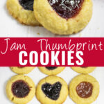Collage with two jam thumbprint cookies with the top one having a heart shaped indent filled with jam on top, an overhead view of jam thumbprint cookies with