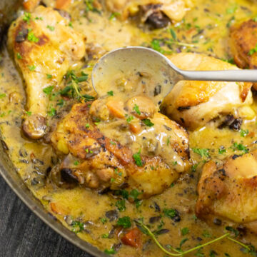 A metal spoon pouring gravy sauce over a chicken thigh in a skillet of chicken fricassee topped with fresh thyme.