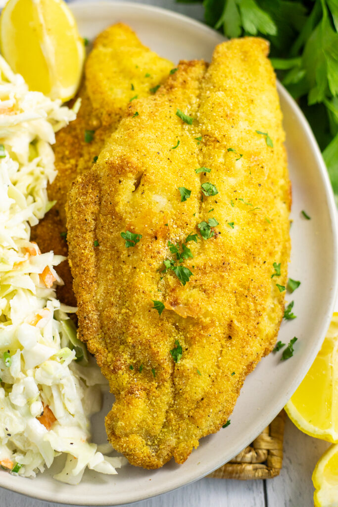 Close up of an air fryer catfish filet topped with fresh parsley on a beige plate with a little coleslaw and a lemon wedge visible.